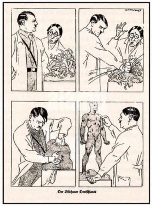 A 1933 cartoon of Hitler sculpting a perfect superhuman out of the imperfect, squalid rubbish of mankind, attributed to Oskar Garvens